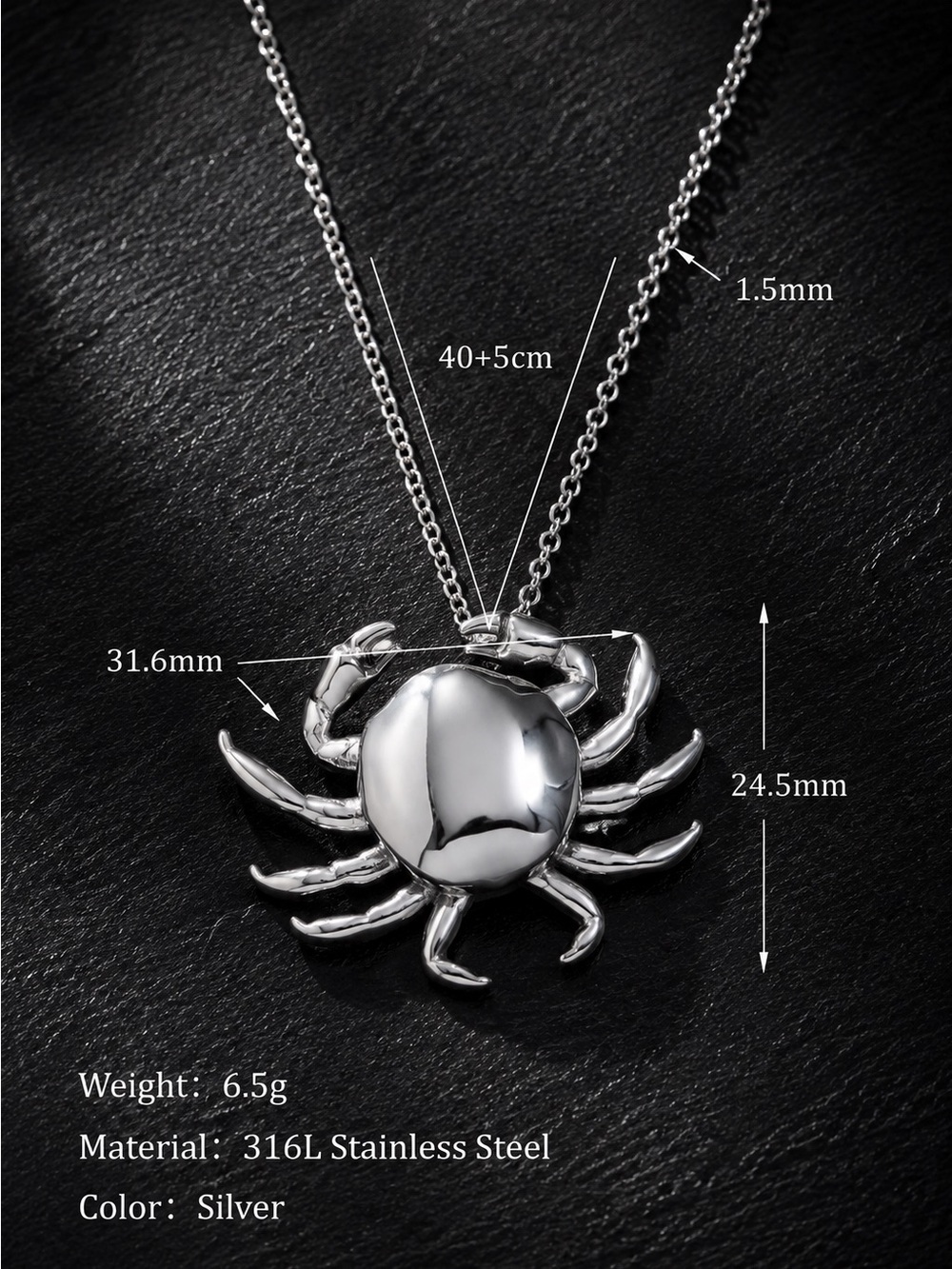 Shiny Silver color Crab Pendant Necklace - Picture 4 of 7